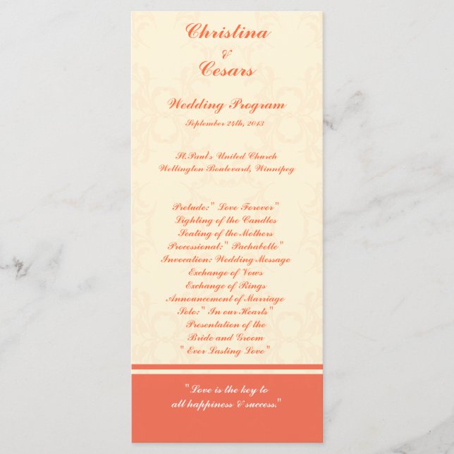 25 4x9 Hochzeitskalender Pinkish/Peach Formal Scro Programm (Vorderseite)