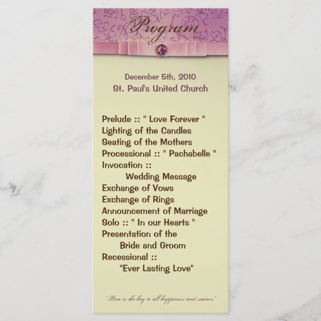 25 4x9 Hochzeitsprogramm Amethyst Juwel Präge Pap Programm (Vorderseite)