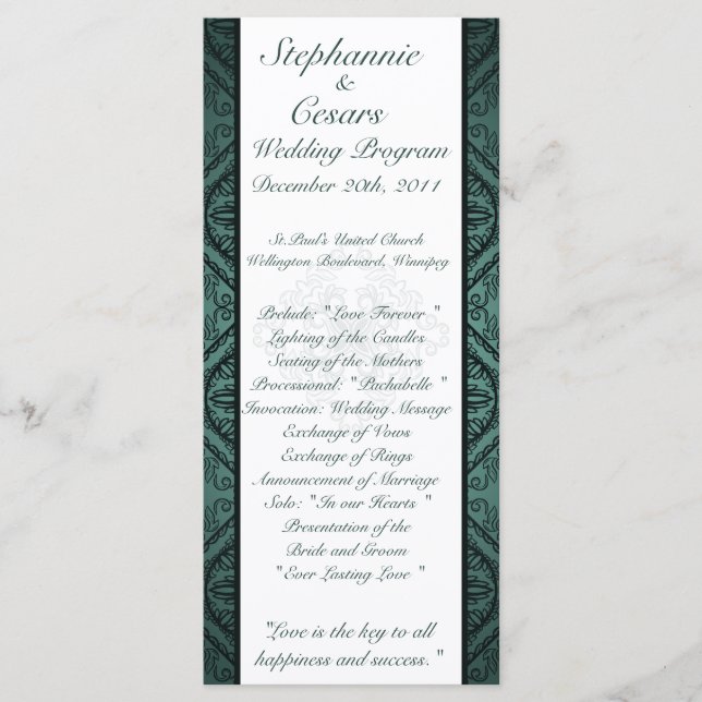 25 4x9 Hochzeitsprogramm Aquamarine Verzierte Dama Programm (Vorderseite)