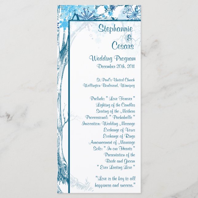 25 4x9 Hochzeitsprogramm Blauer Tree / Schneeflock Programm (Vorderseite)