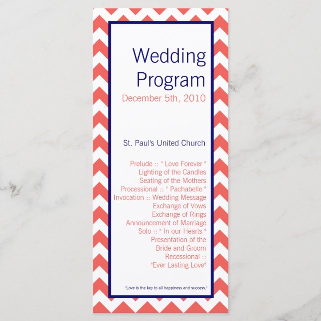 25 4x9 Hochzeitsprogramm Coral Navy Zickzack Nam Programm (Vorderseite)