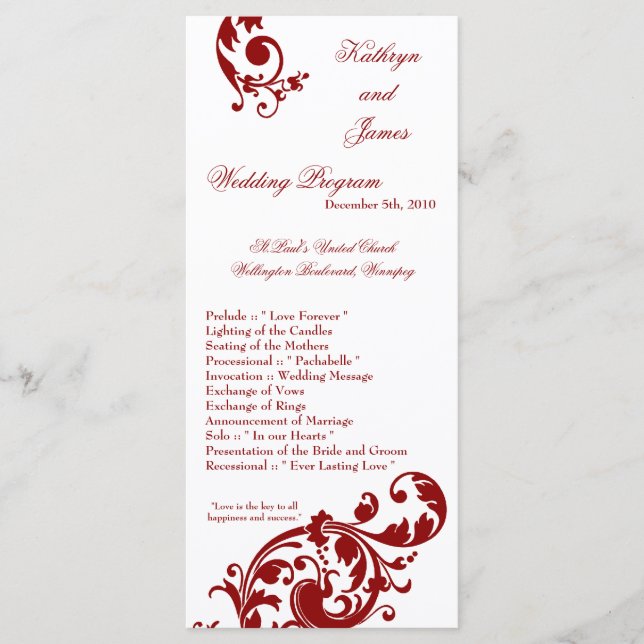 25 4x9 Hochzeitsprogramm Crimson Red Floral Filigr Programm (Vorderseite)