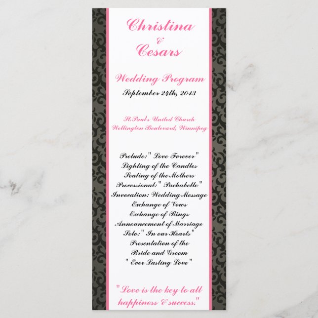 25 4x9 Hochzeitsprogramm Damaskus/Streifen Rosa Kr Programm (Vorderseite)
