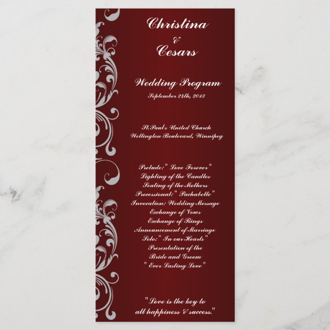 25 4x9 Hochzeitsprogramm Dunkelmaroon Gray Wirbel  Programm (Vorderseite)
