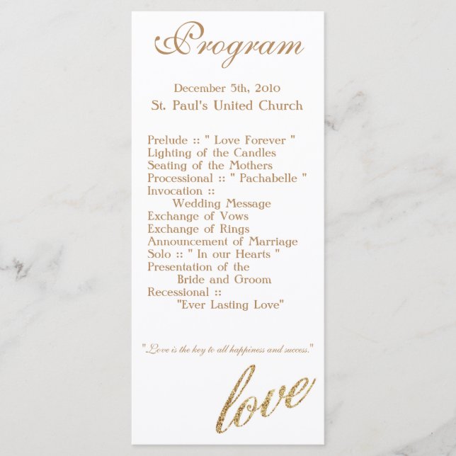 25 4x9 Hochzeitsprogramm Gold Foil Glitzer Liebe Programm (Vorderseite)