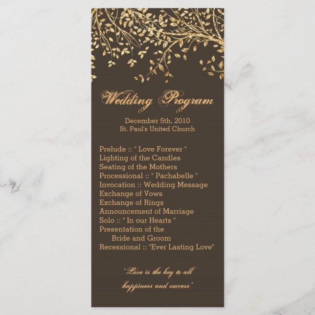 25 4x9 Hochzeitsprogramm Gold Foil Tree Blätter Au Programm (Vorderseite)