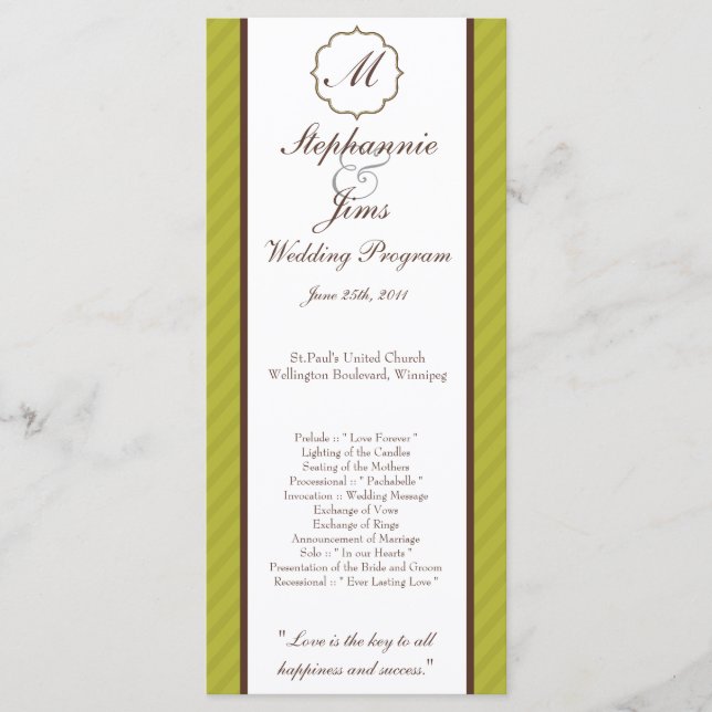 25 4x9 Hochzeitsprogramm Grün und braun Damast Programm (Vorderseite)