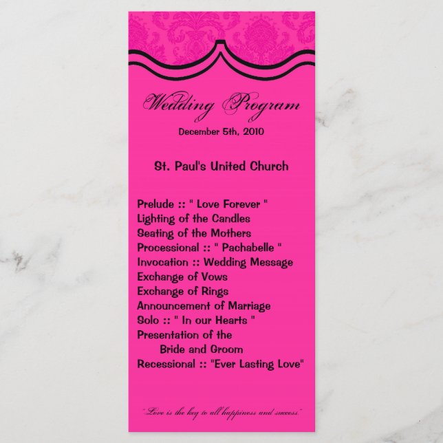 25 4x9 Hochzeitsprogramm Hot Pink Black Damask Lac Programm (Vorderseite)