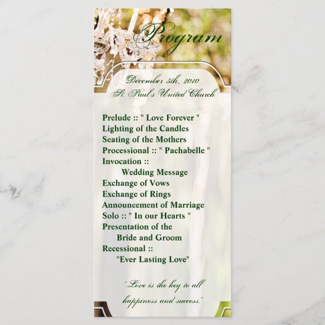 25 4x9 Hochzeitsprogramm Kronleuchter in Eichenbau Programm (Vorderseite)