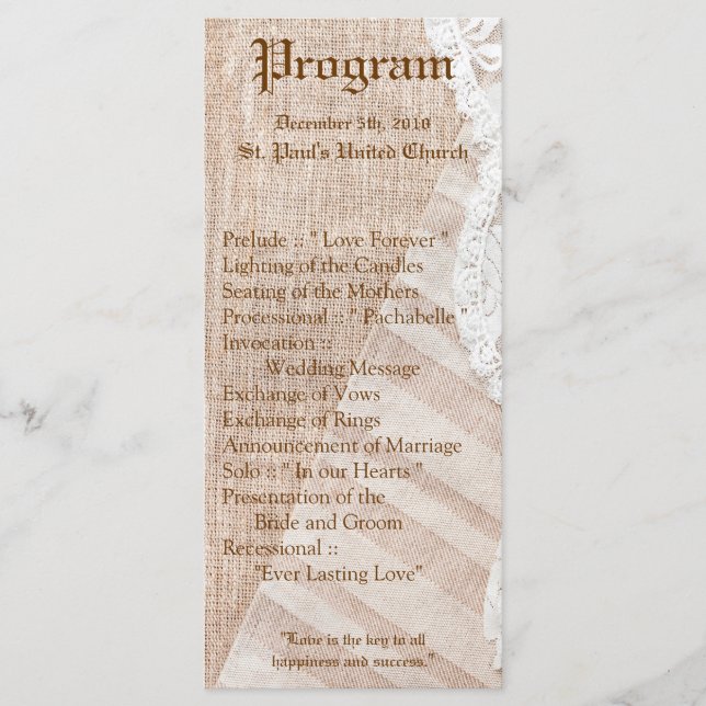25 4x9 Hochzeitsprogramm Land-Lace-Taschentuch Programm (Vorderseite)