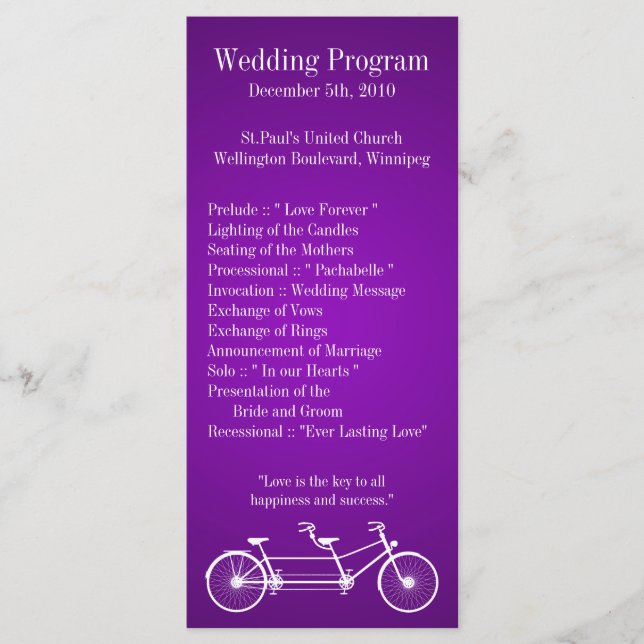 25 4x9 Hochzeitsprogramm Lila Doppelfahrrad Programm (Vorderseite)
