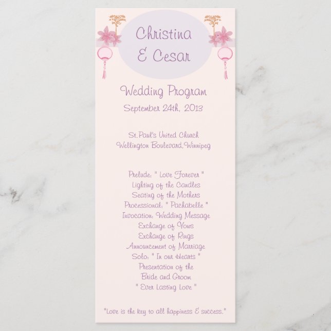 25 4x9 Hochzeitsprogramm Lila Pink Lantern/Blume Programm (Vorderseite)