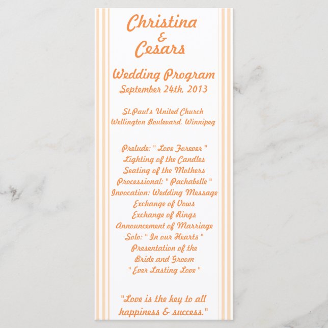 25 4x9 Hochzeitsprogramm Love Birds Peach Stripes Programm (Vorderseite)