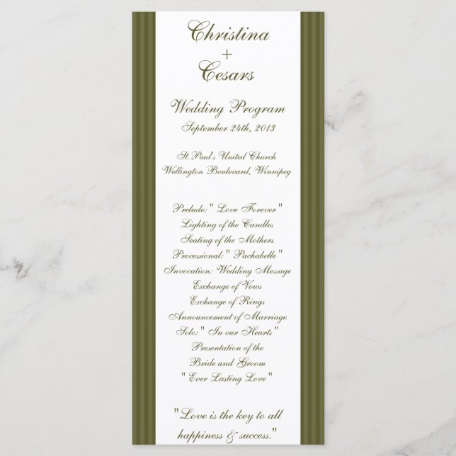 25 4x9 Hochzeitsprogramm Martini Olive Green Strip Programm (Vorderseite)
