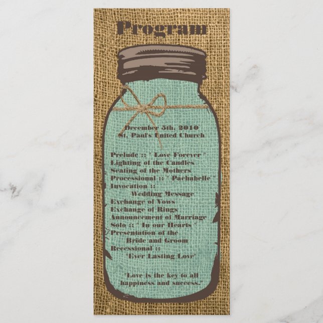 25 4x9 Hochzeitsprogramm Mason Jar Burlap Country Programm (Vorderseite)