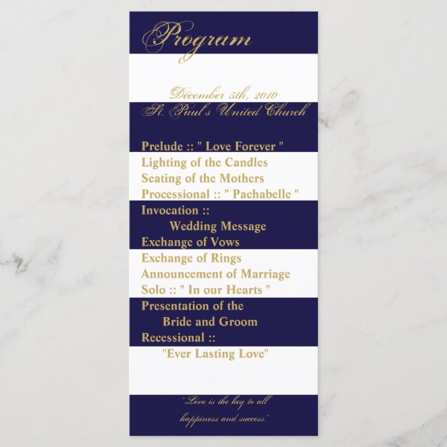 25 4x9 Hochzeitsprogramm Modernes Stripe Navy Weiß Programm (Vorderseite)