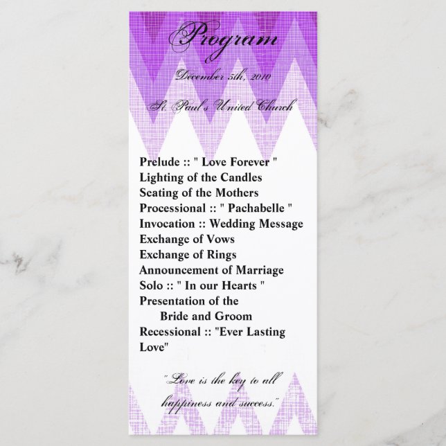 25 4x9 Hochzeitsprogramm Ombre Lila Zickzack Programm (Vorderseite)