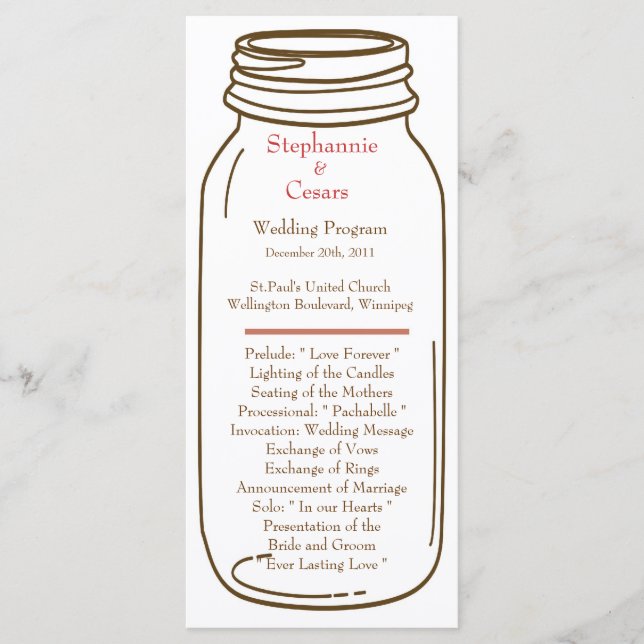 25 4x9 Hochzeitsprogramm Rosa/Braun Mason Jar Programm (Vorderseite)