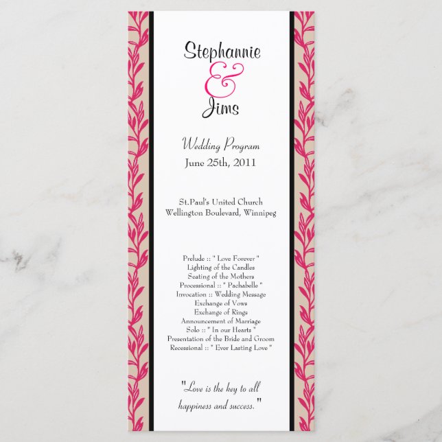 25 4x9 Hochzeitsprogramm Rosa und Schwarze Wildtie Programm (Vorderseite)