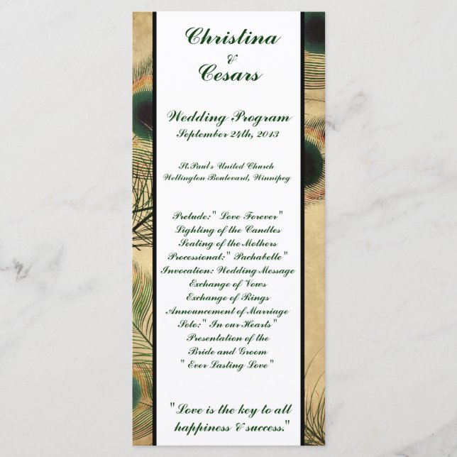 25 4x9 Hochzeitsprogramm Vintag Peacock Green Programm (Vorderseite)