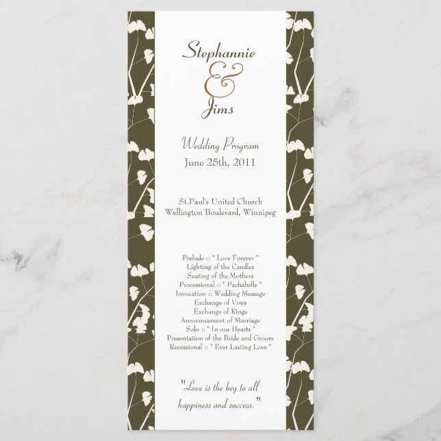25 4x9 Hochzeitsprogramm Weiße Ginkgo-Blätter Programm (Vorderseite)