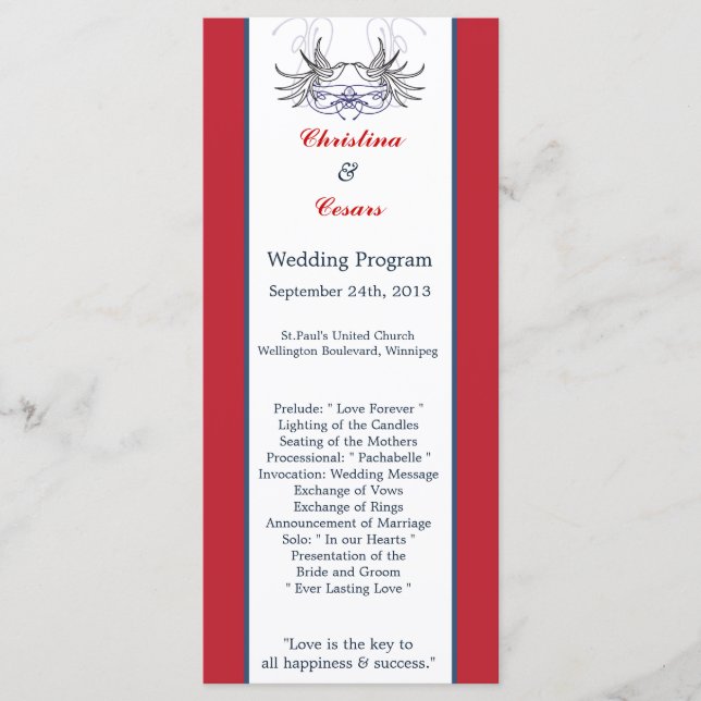 25 4x9 Hochzeitsprogramm White Dove Red Blue BG Ri Programm (Vorderseite)