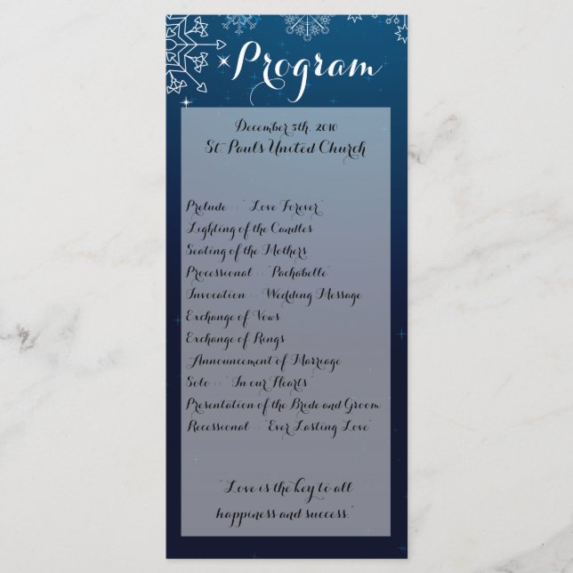 25 4x9 Hochzeitsprogramm Winter Schneeflocken Schn Programm (Vorderseite)