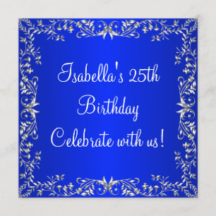 25. Geburtstag Cobalt Blue & Silver Floral Metal Einladung