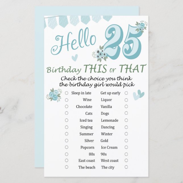 25. Geburtstag Dieses oder jenes Spiel (Vorne/Hinten)