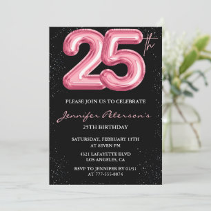 25. Geburtstag Einladungen Pink Balloon Glam Black