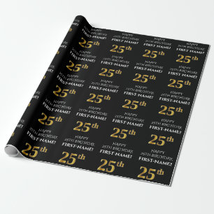 25. Geburtstag: Elegant, schwarz, Imitat Gold Look Geschenkpapier