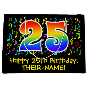 25. Geburtstag - Farbige Musiksymbole, Regenbogen  Große Geschenktüte