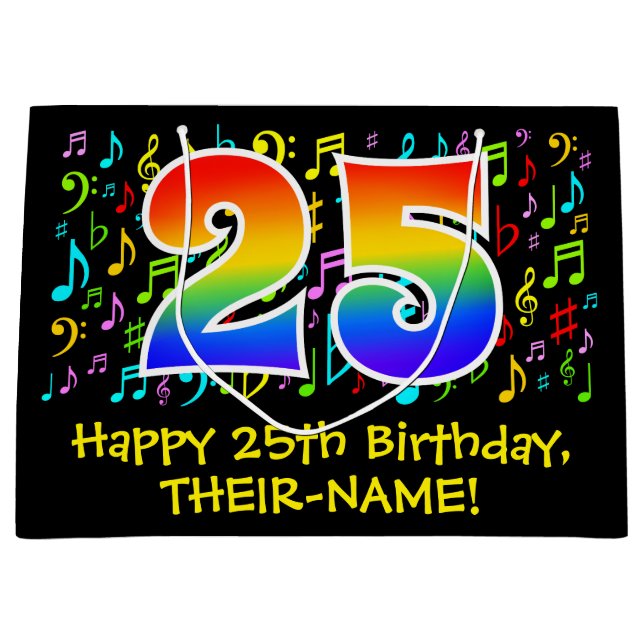 25. Geburtstag - Farbige Musiksymbole, Regenbogen  Große Geschenktüte (Vorderseite)