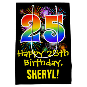25. Geburtstag: Fun Fireworks Pattern + Rainbow 25 Mittlere Geschenktüte