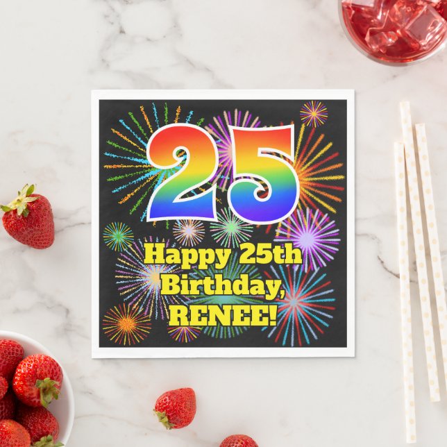 25. Geburtstag: Fun Fireworks Pattern + Rainbow 25 Serviette (Beispiel)