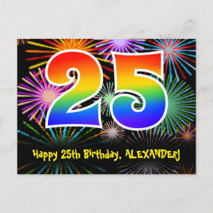 25. Geburtstag - Fun Fireworks Pattern + Regenboge Postkarte