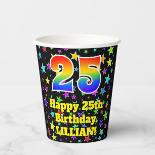 25. Geburtstag: Fun Stars Muster und Regenbogen 25 Pappbecher