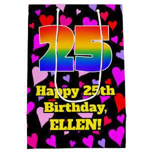 25. Geburtstag: Loving Hearts Pattern, Regenbogen Mittlere Geschenktüte