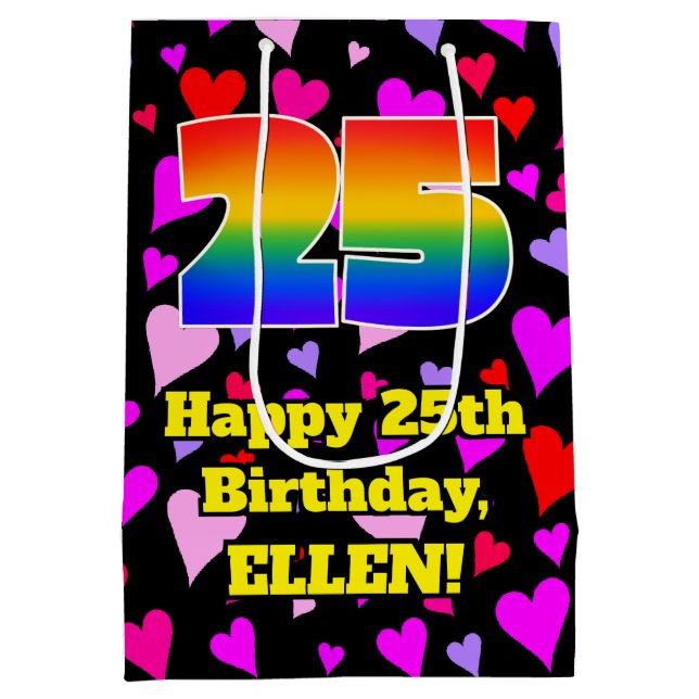 25. Geburtstag: Loving Hearts Pattern, Regenbogen  Mittlere Geschenktüte (Rückseite)