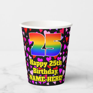 25. Geburtstag: Loving Hearts Pattern, Regenbogen Pappbecher