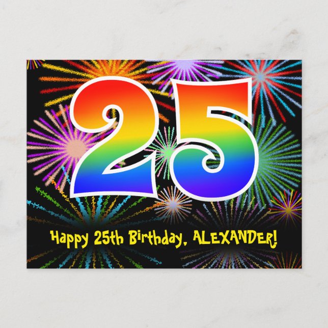 25. Geburtstag – Lustiges Feuerwerk Muster + Regen Postkarte (Vorderseite)