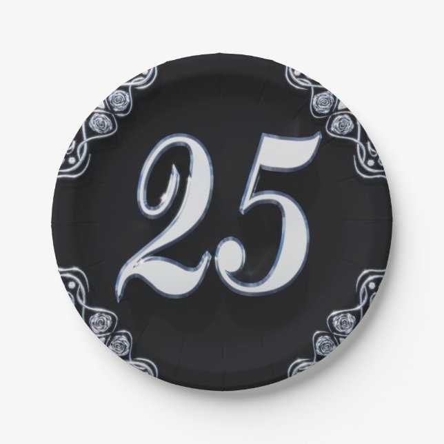 25. Geburtstag oder Jubiläum Regal Silver Black Pappteller (Vorderseite)