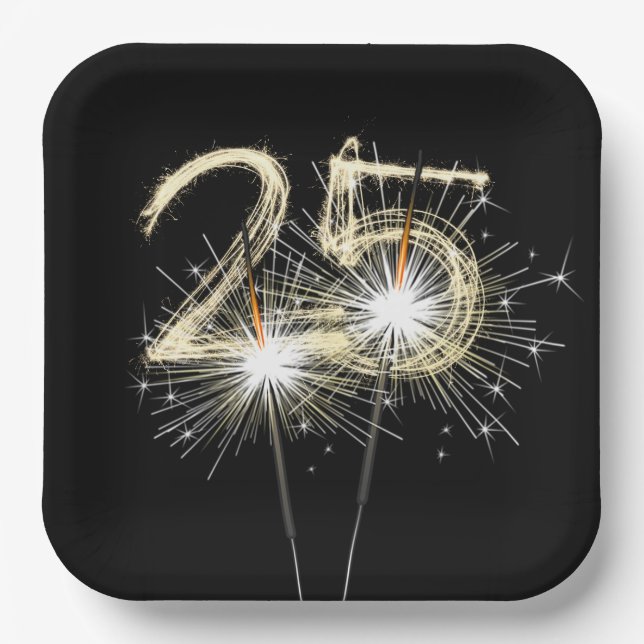 25. Geburtstag Party Sparklers auf Black Pappteller (Vorderseite)