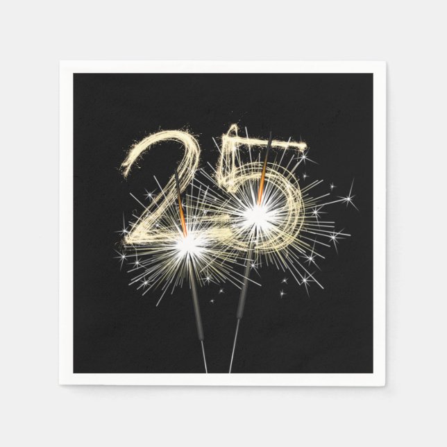 25. Geburtstag Party Sparklers auf Black Serviette (Vorderseite)