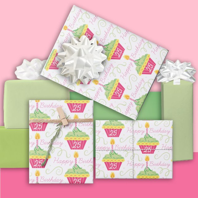 25. Geburtstag Pink Green Cupcakes Geschenkpapier Set (Von Creator hochgeladen)