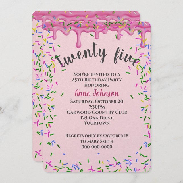 25. Geburtstag rosa Icing und Sprinklen Einladung (Vorne/Hinten)