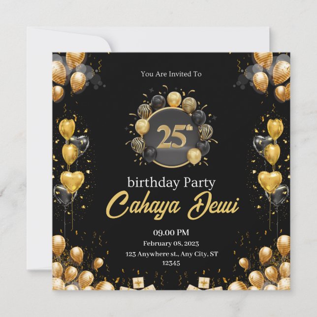 25. Geburtstag schwarz silber elegant modern Einladung (Vorderseite)