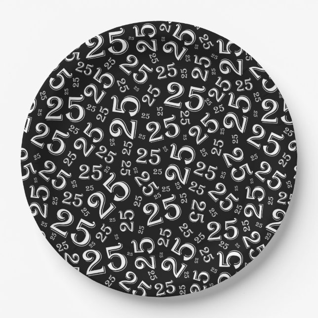 25. Geburtstag Schwarz/Weiß Random Zahlenmuster Pappteller (Vorderseite)