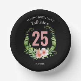 25. Geburtstag schwarzer Floral Skriptname Pappteller