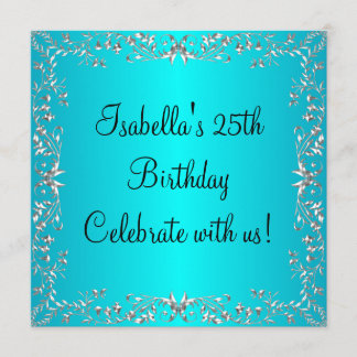 25. Geburtstag Türkis & Silver Floral Metal Einladung
